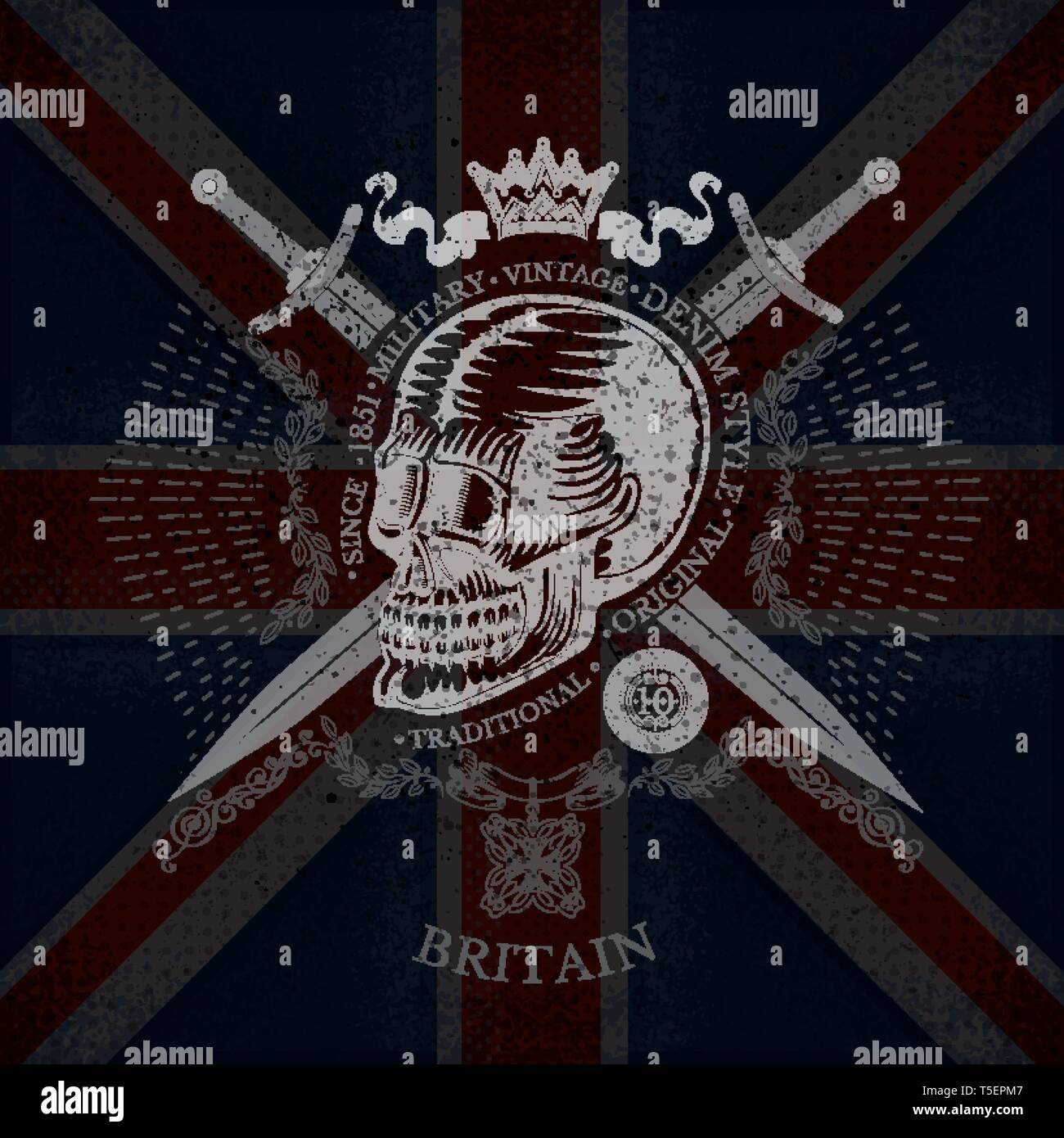 Skull with cross swords with ray and crown. Military heraldic habel on Britain flag background Stock Vector