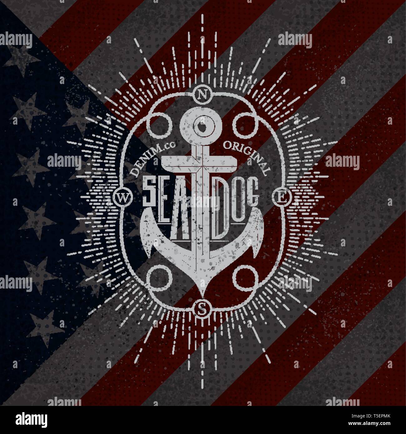 White Anchor On USA flag. Grunge Background or T-shirt style Stock Vector