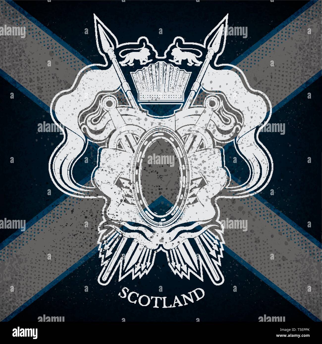 White Coat of Arms With Oval Frame and Vintage Weapons on Scotland Flag Background. Brand style Stock Vector