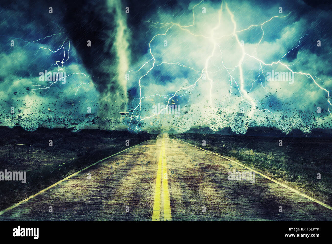 Powerful Tornado On Road In Stormy Landscape Stock Photo Alamy