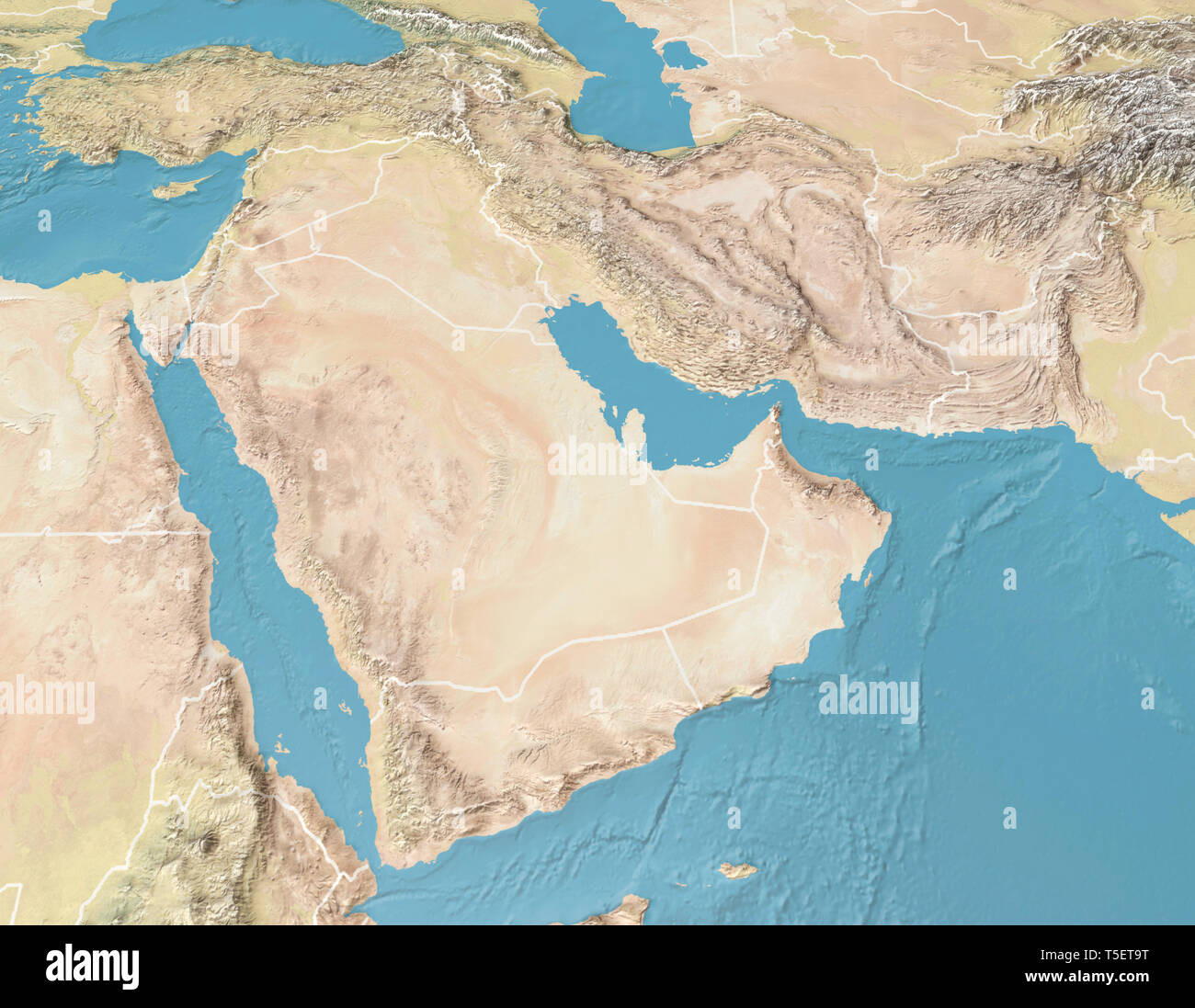 Satellite view of the Arabian Peninsula. Map. Saudi Arabia, Yemen, Oman, United Arab Emirates, Syria, Iran, Iraq, Qatar, Kuwait, Turkey Stock Photo