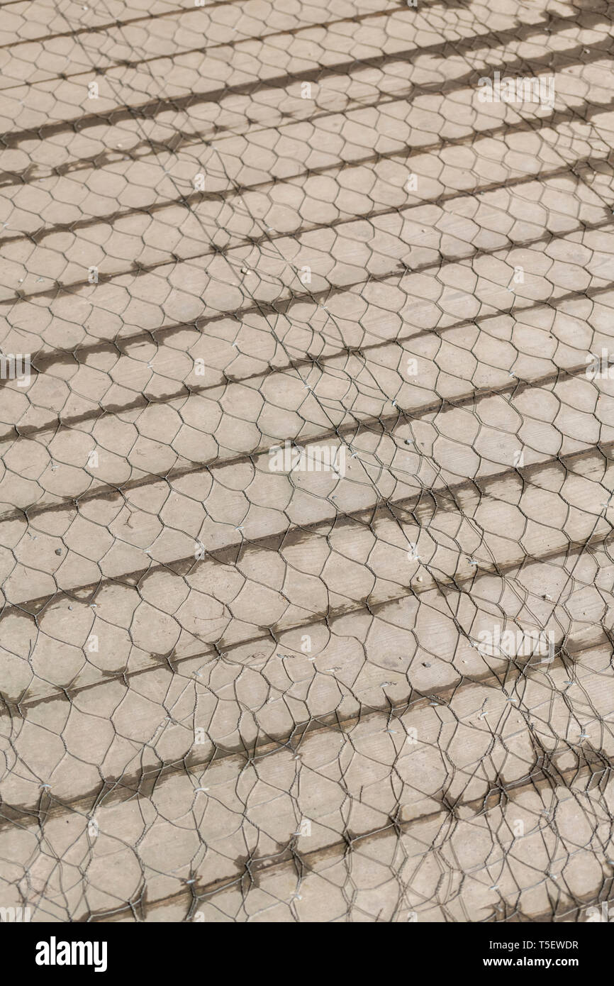 Chicken wire used as an anti-slip covering for a wooden walkway. Stock Photo