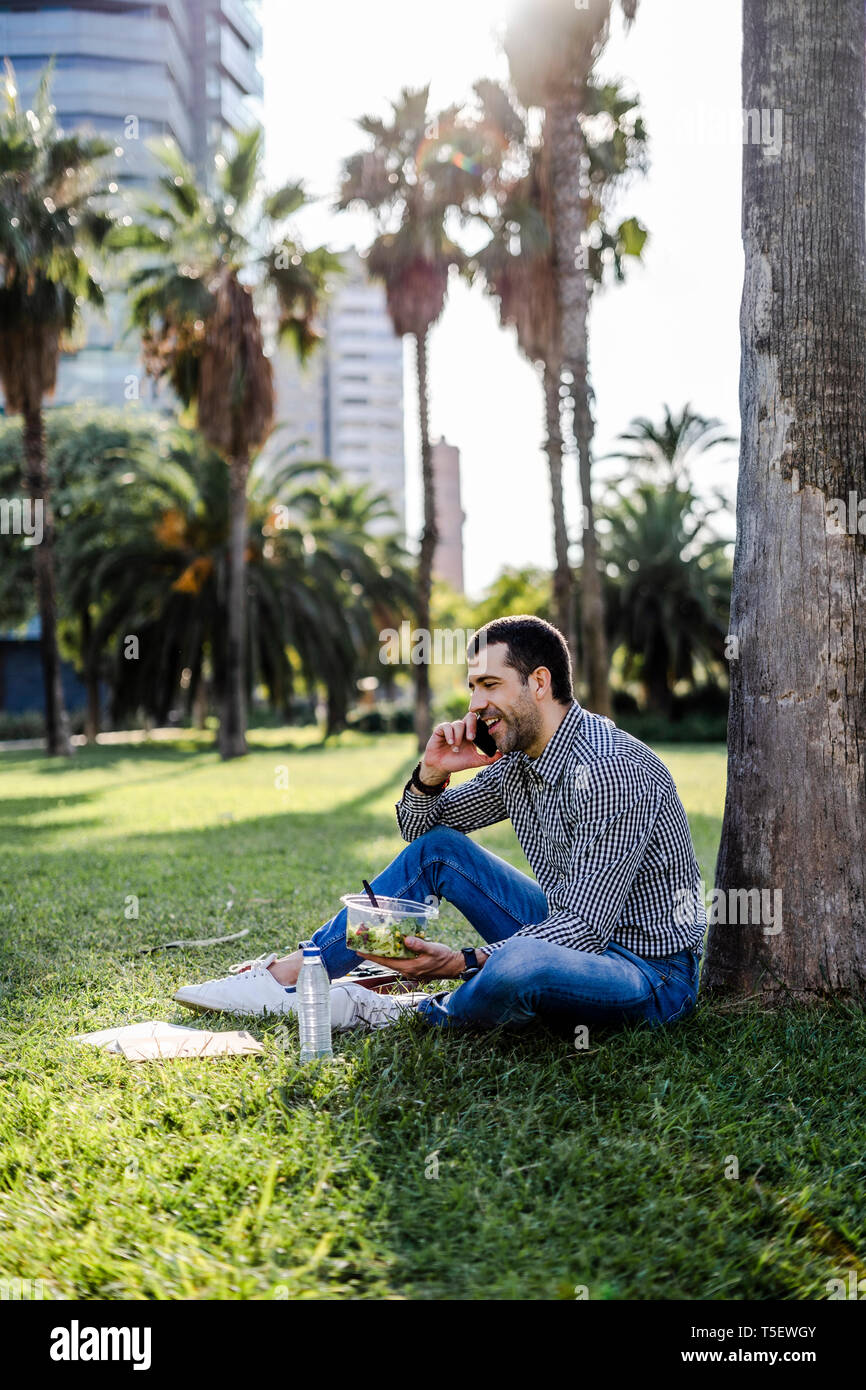 Man on the phone having lunch on a meadow in city park Stock Photo