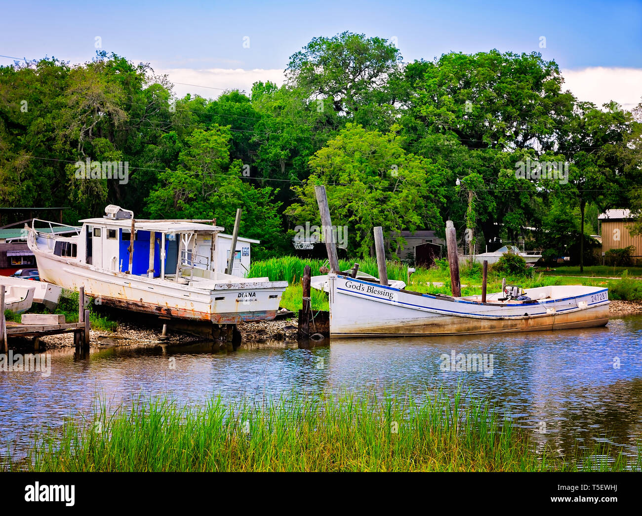 Two oyster boats, Diana and God’s Blessing, are docked along the bank