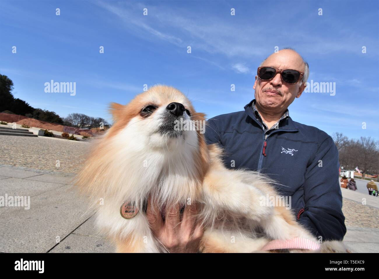 A real proud man and his dog in Washington D,C on a warm winter day Stock Photo