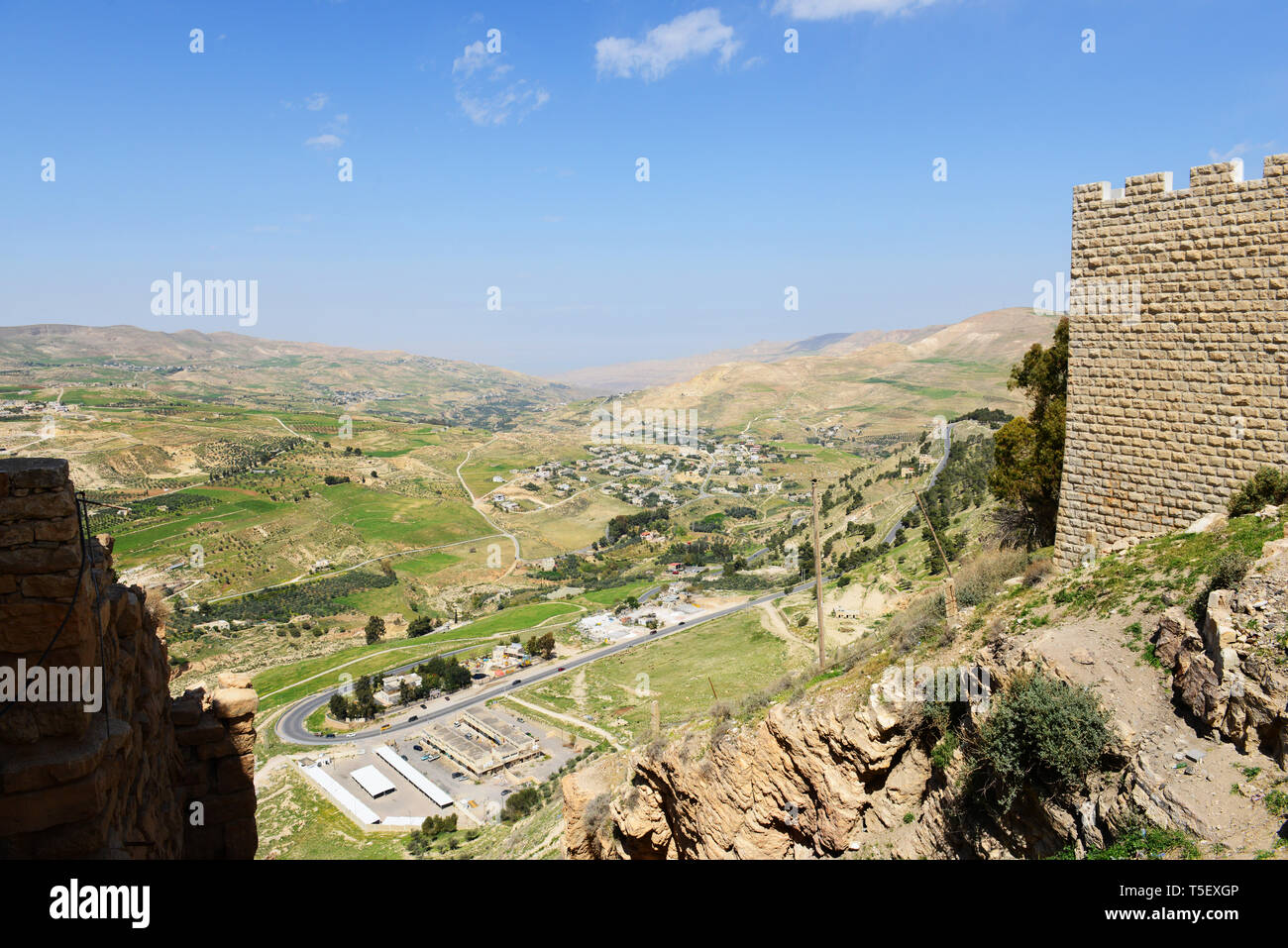 Beautiful scenery as seen from the Kerak castle in Jordan. Stock Photo