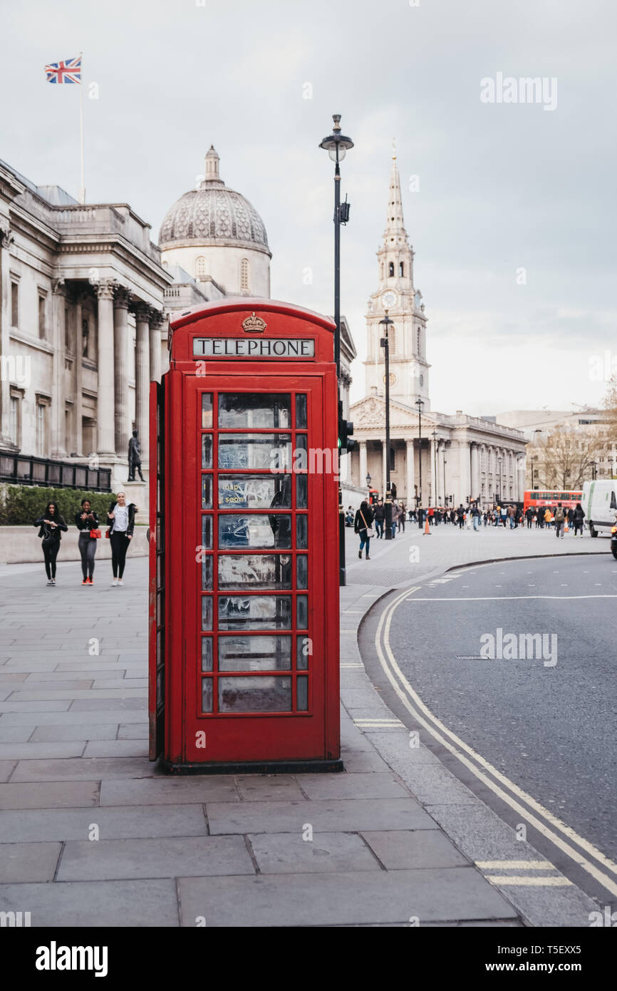 London, UK - April 13, 2019: Red phone box on Pall Mall East ...
