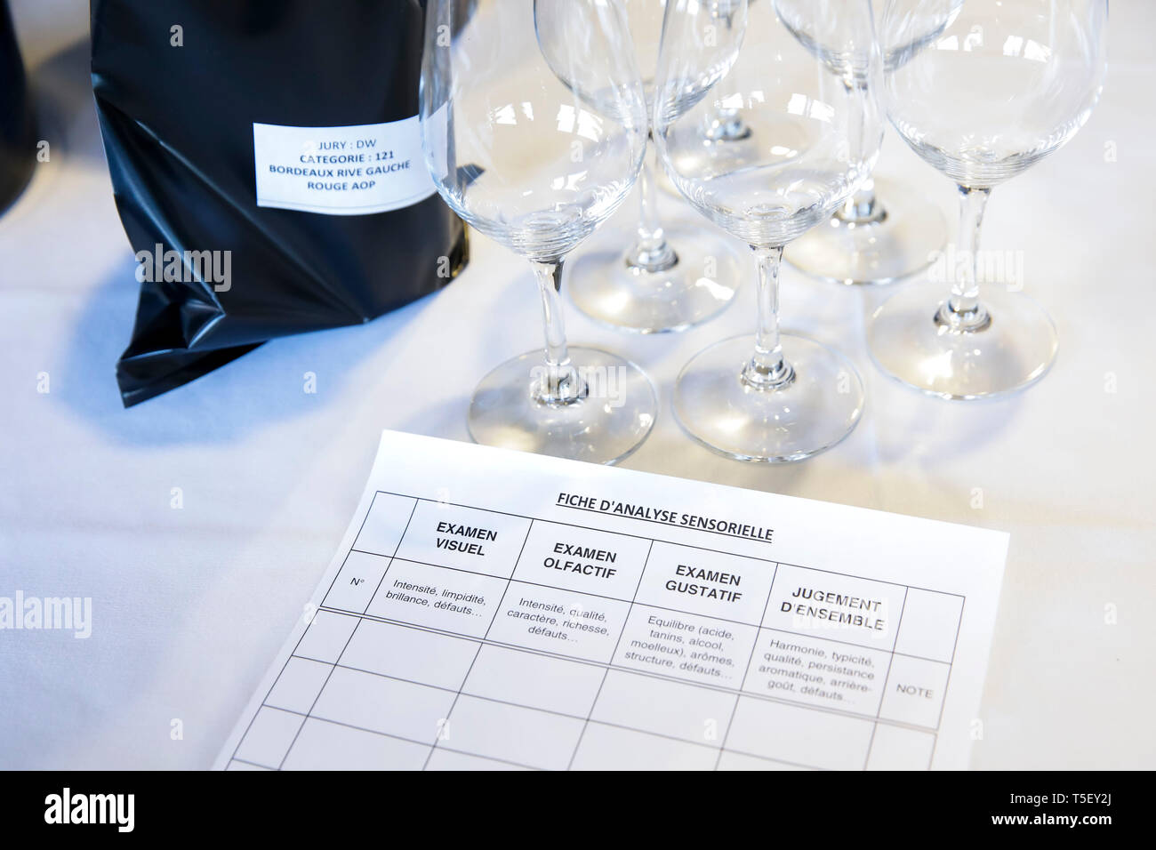 Illustration, blind wine tasting contest: sensory tasting grid to rate the wine after a visual, olfactory and gustatory analysis as well as an overall Stock Photo