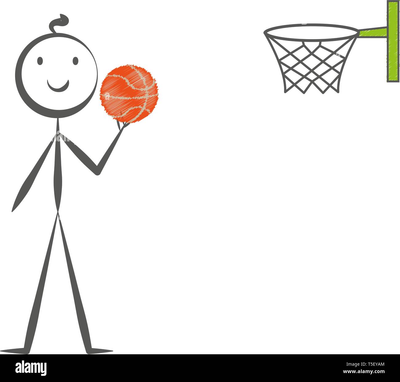 Stick man playing basketball hand drawn, vector illustration in cartoon style. Stock Vector