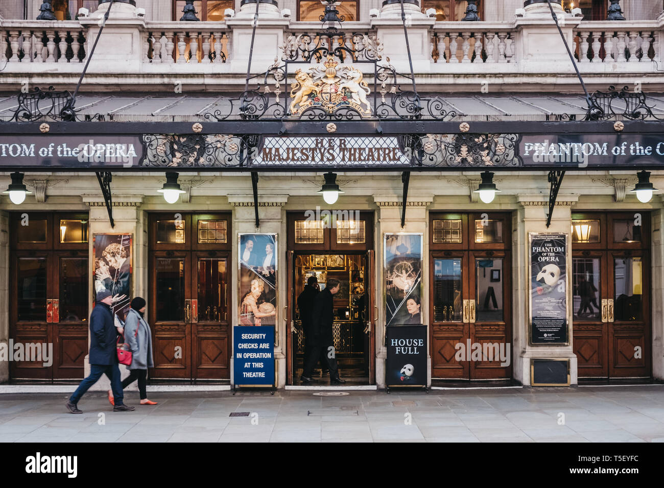 London, UK - April 13, 2019: People walking by Her Majesty Theatre, a ...