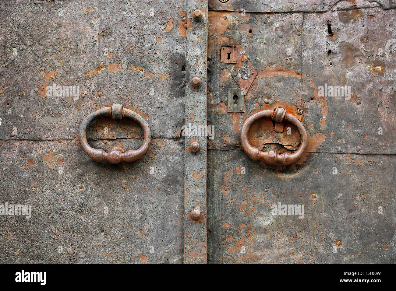 Old vintage metal door with ring handles and keyholes Stock Photo Alamy