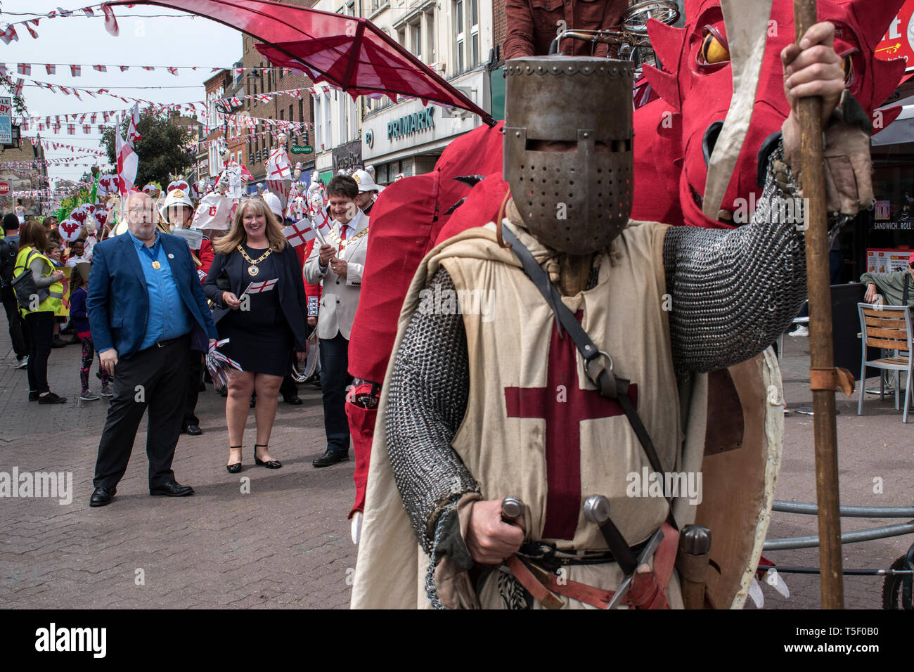 St Georges Day 23rd April 2019, Dartford Kent, parade through the town centre high street, Councillor David Mote and town hall dignitaries. 2010s HOMER SYKES Stock Photo