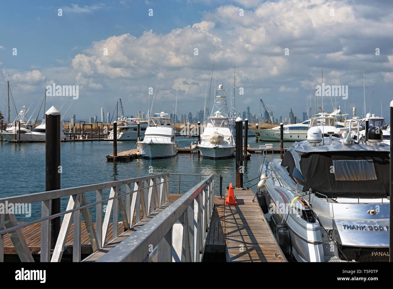 panama skyline of the city from the marina of perico island at the amador causeway Stock Photo