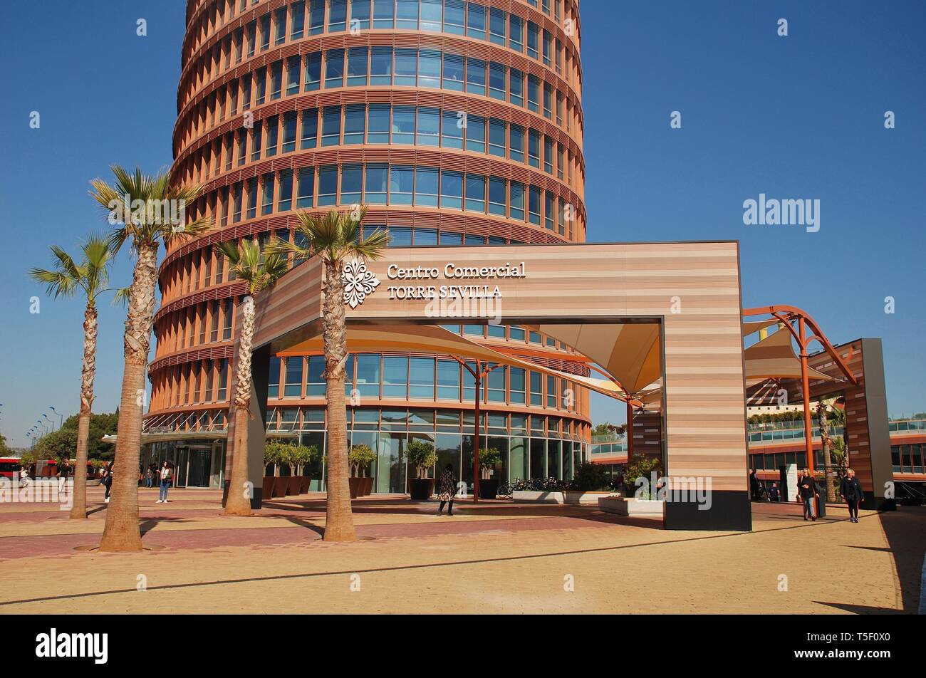 The Torre Sevilla office and hotel building in Seville, Spain on April 3, 2019. Completed in 2015, it is the tallest building in Seville. Stock Photo