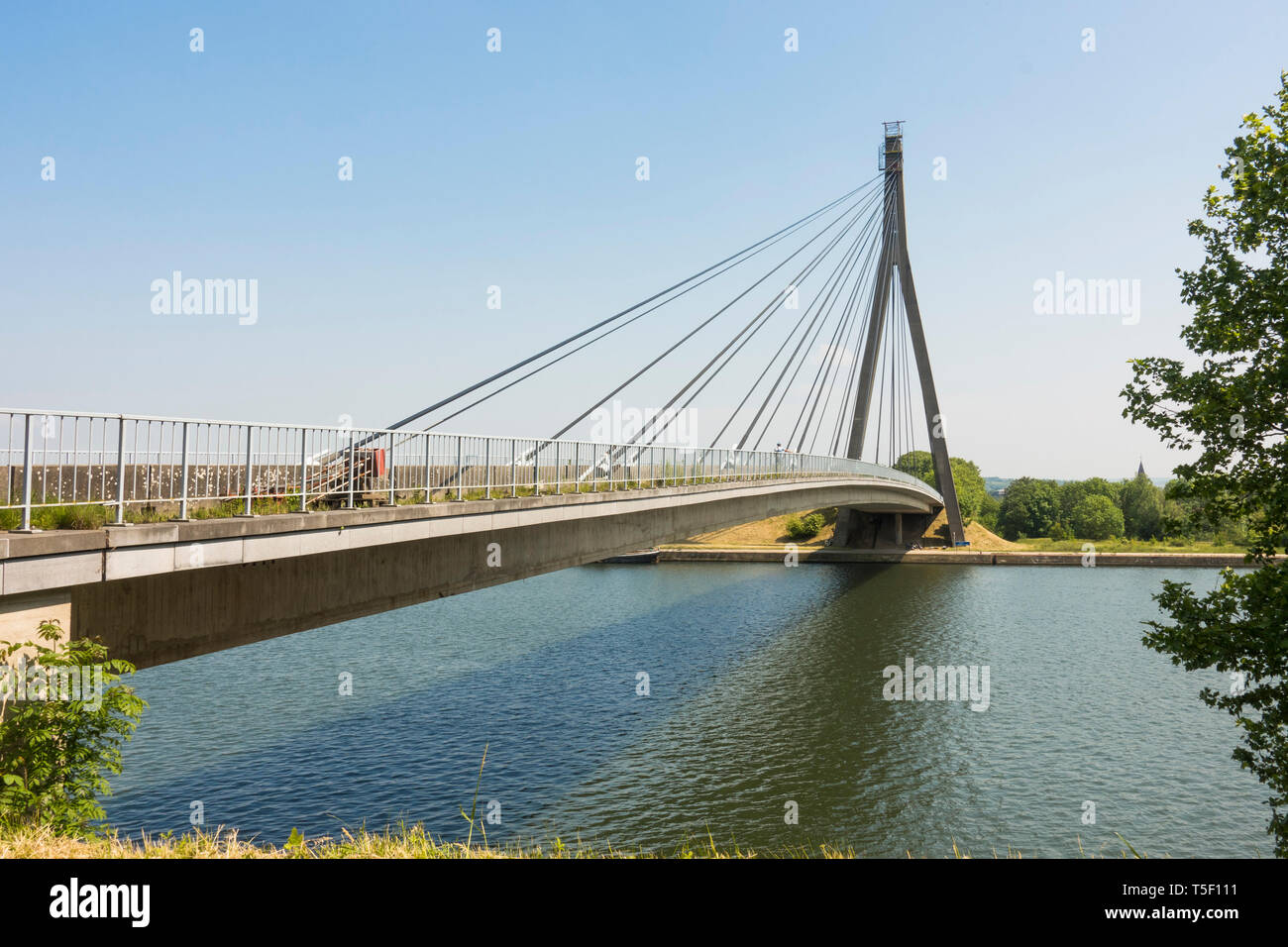 Cable-stayed bridge at Ternaaien, Lanaye, spanning Albert Canal, Belgium. Stock Photo