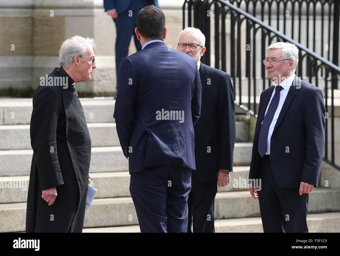 Taoiseach Leo Varadkar (second left), Labour leader Jeremy Corbyn (second right) and shadow Secretary of State for Northern Ireland, Tom Lloyd (right) arrive for the funeral service of murdered journalist Lyra McKee at St Anne's Cathedral in Belfast. Stock Photo
