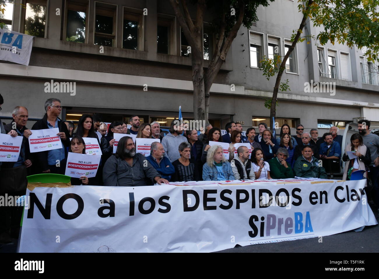 Argentina Crisis: Protest of the Clarín Newspaper (AGEA SA) employees against dismissal in Buenos Aires, Argentina. 20 April 2019. Stock Photo