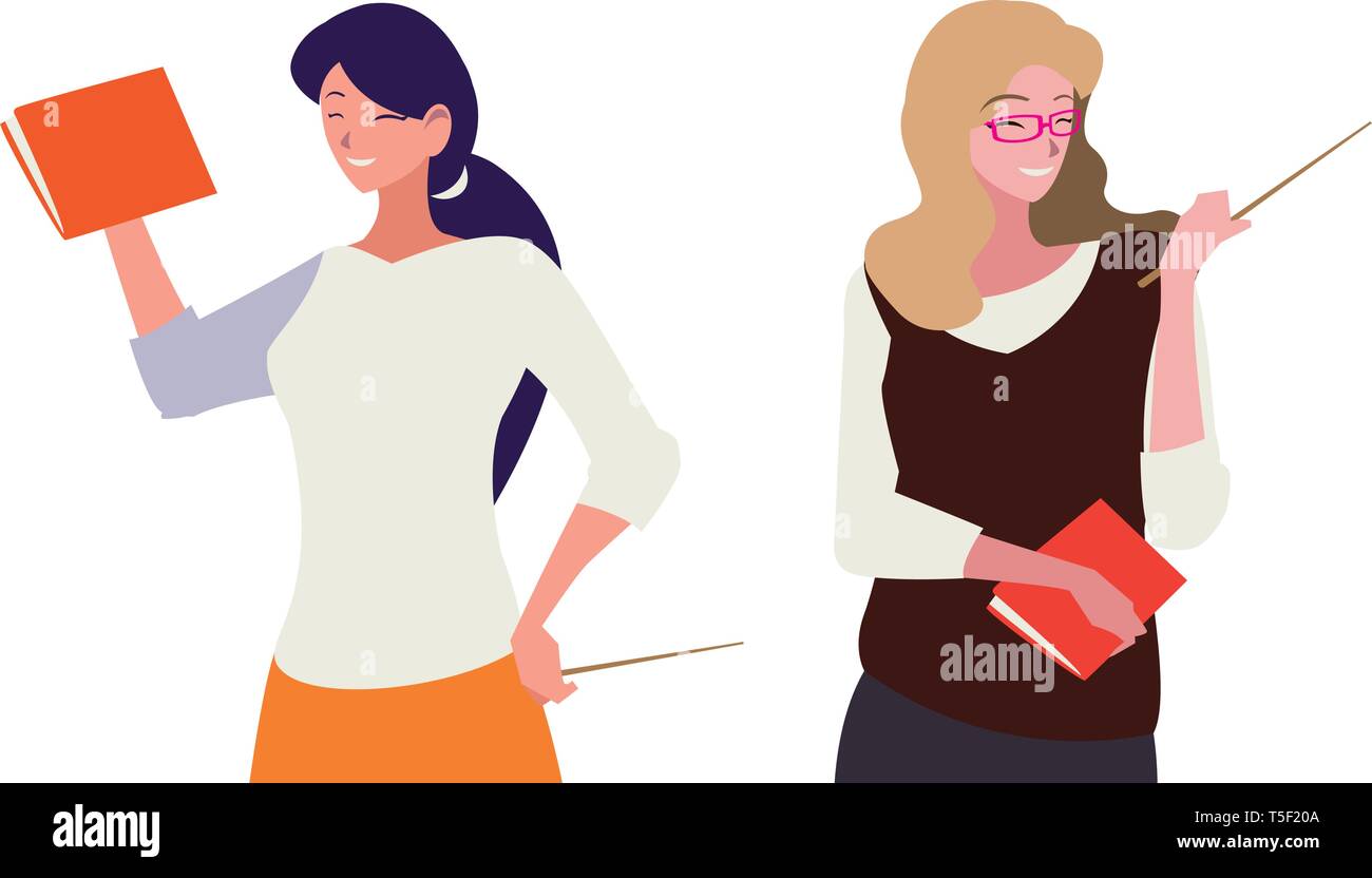 female teachers couple with textbooks characters vector illustration ...