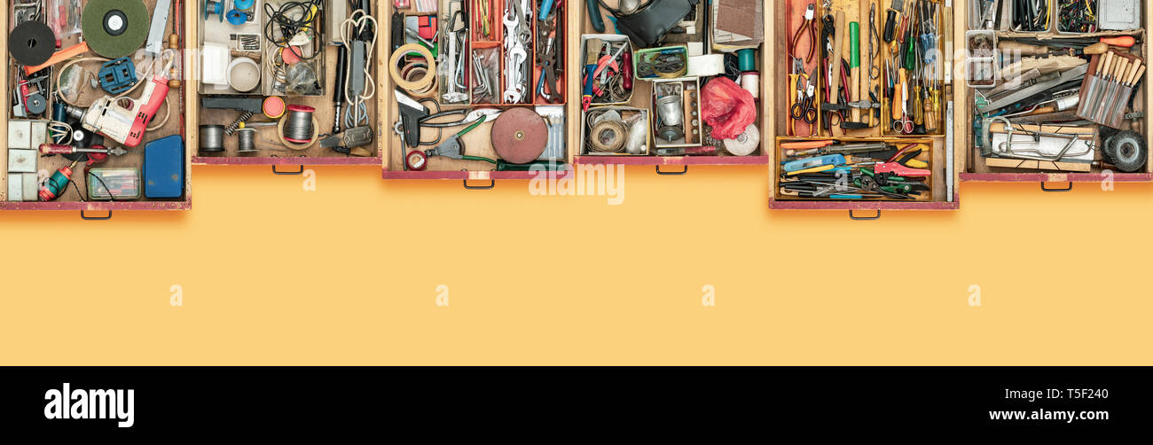 Old Do It Yourself Work Tools In Drawers Top View Diy And Repair