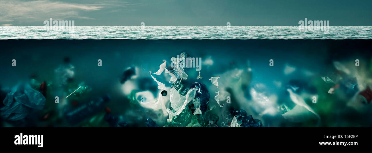 Toxic plastic waste floating under the surface of the ocean and