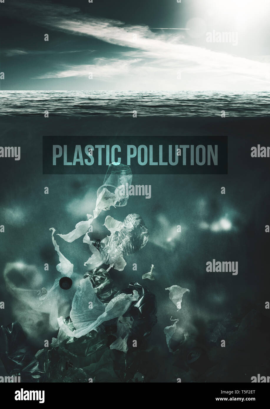 Toxic plastic waste floating under the surface of the ocean and