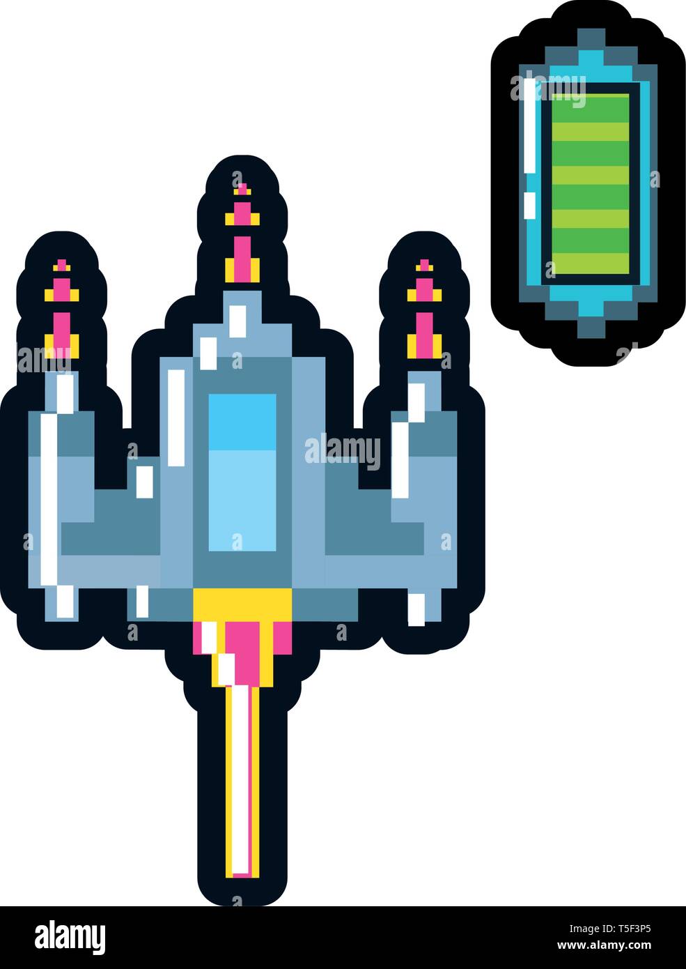 video game spaceship flying with battery level pixelated vector ...
