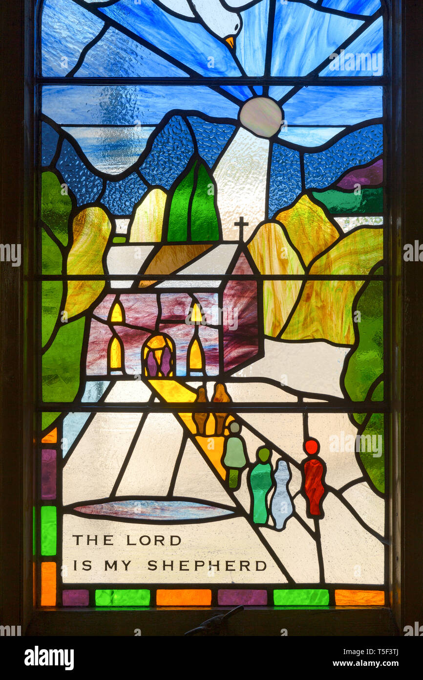 The Lord is My Shepherd themed stained glass window in St Mary's Episcopal Church, Glencoe Village, Scotland. Stock Photo