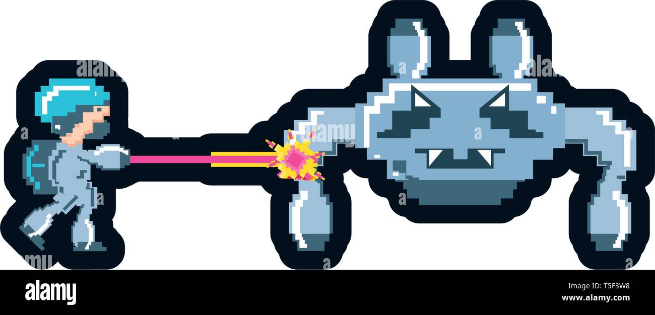 video game avatar pixelated with spaceship vector illustration design Stock Vector