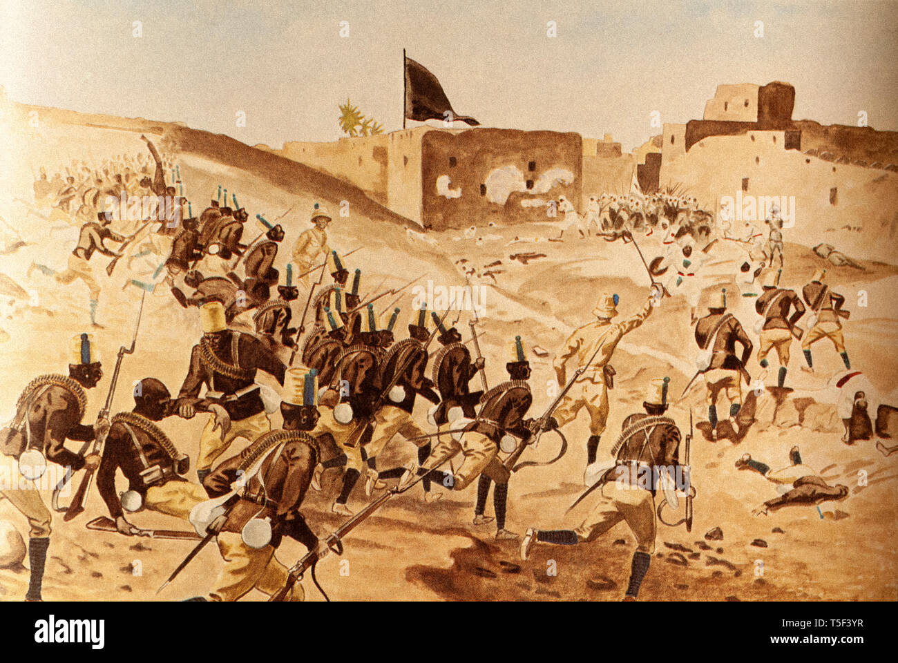 Mahdist war  ( 1881 - 1899)  -The assault on Abu Hamed. Major Bumbury leads the 11th Sudanese to the attack Stock Photo