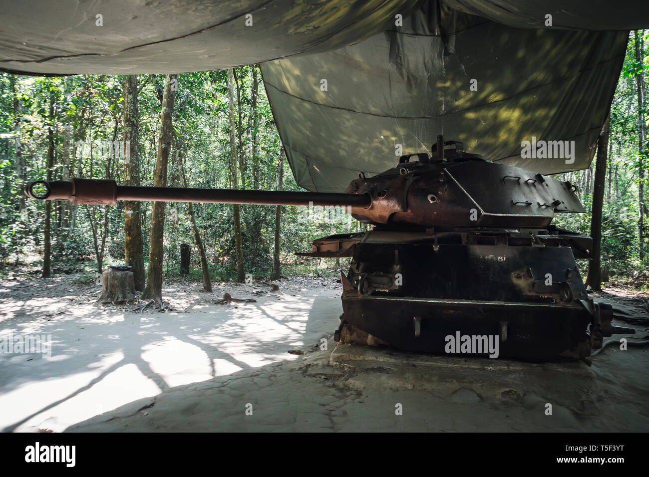 American Tank destroyed by Viet Congs in Cu Chi, Vietnam in 1970 Stock Photo