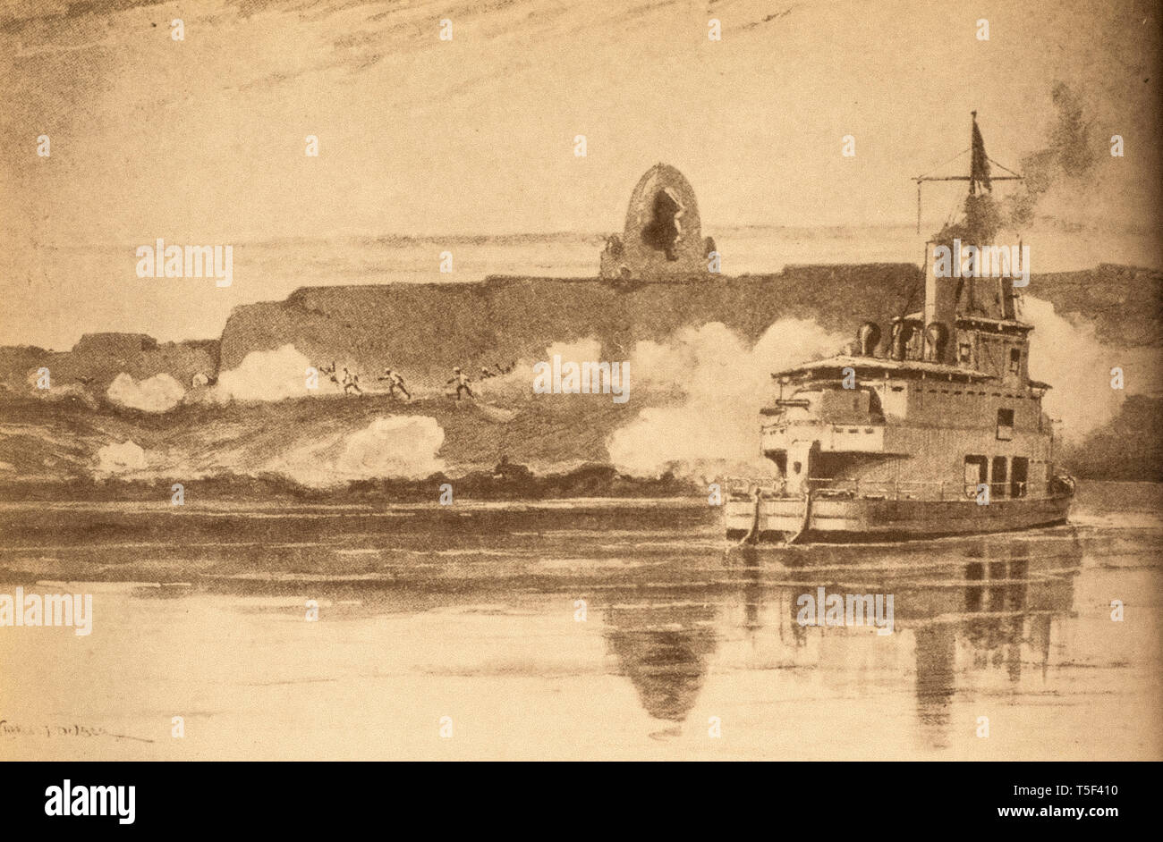 Mahdist war - The gun -boat Sultan in action against Omdurmanâ€™s defenses and the Mahdiâ€™s tomb on the day before the battle Stock Photo