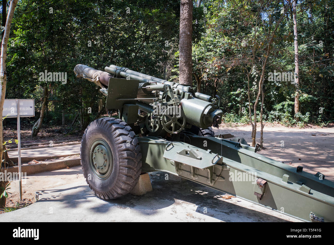 Front view of a 155mm Vietnam War artillery on display at Cu Chi Tunnels in Saigon, Vietnam. Stock Photo