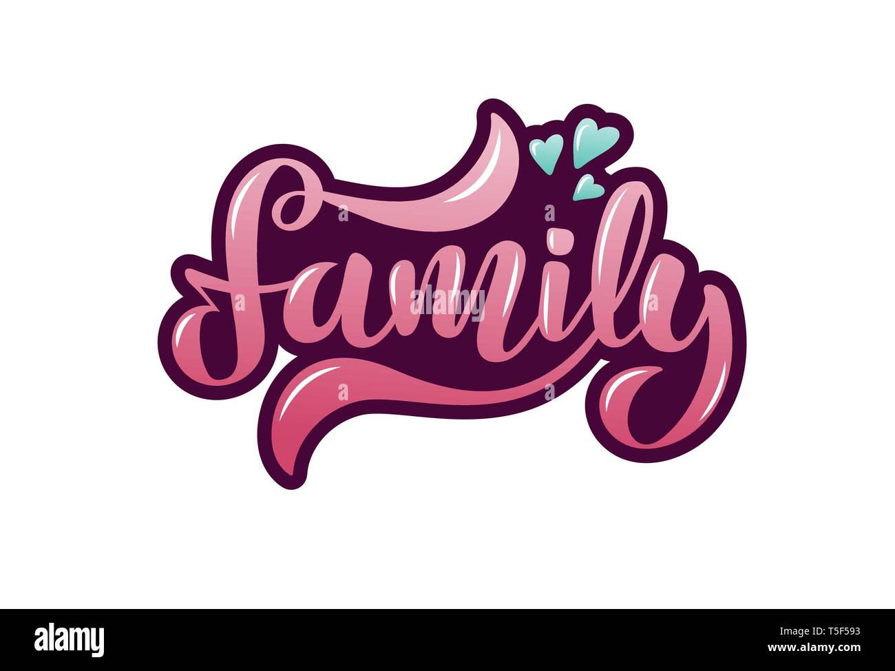 Vector illustration with handwritten phrase Family and hearts. Stock Vector