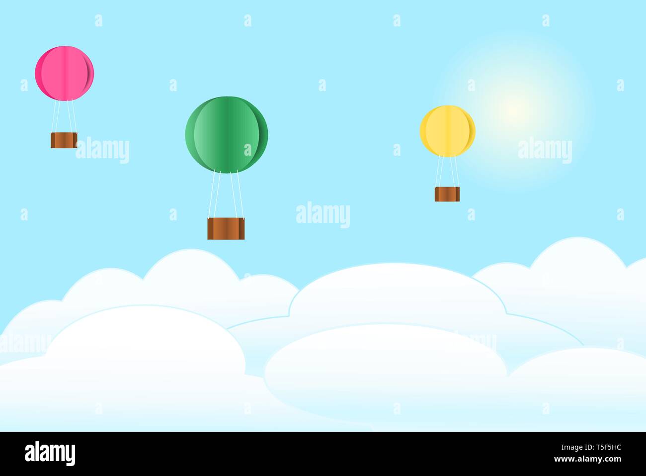 paper cutting ballon and clouds on sky background vector. Stock Vector
