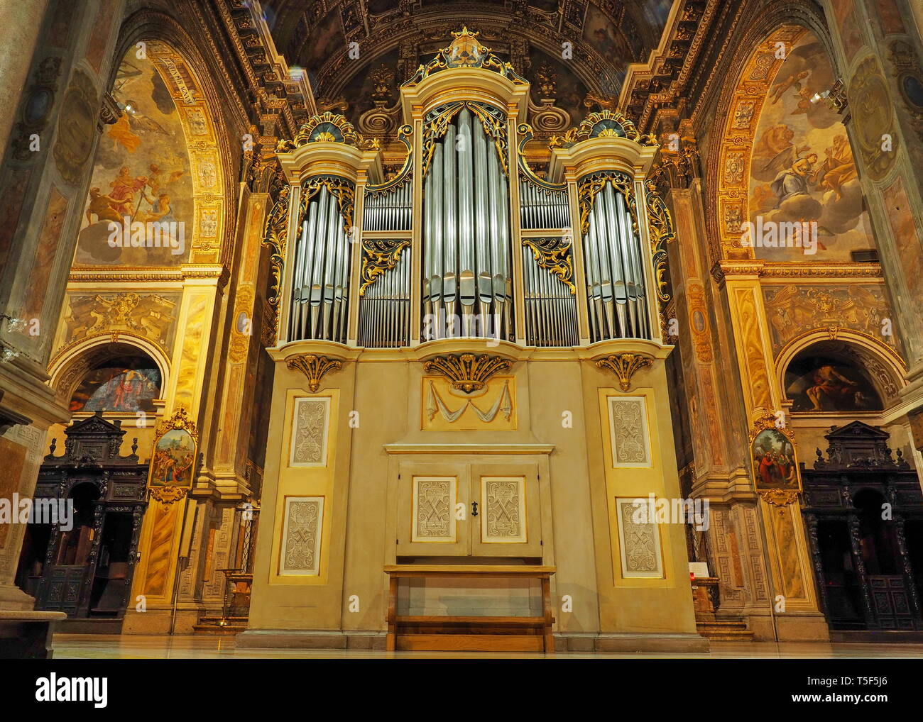 MILAN, Italy: 10 February 2019: Organ  Dell'Orto & Lanzini in basilic of Sant'Alessandro in Zebedia built beetween 1601-1658. Stock Photo