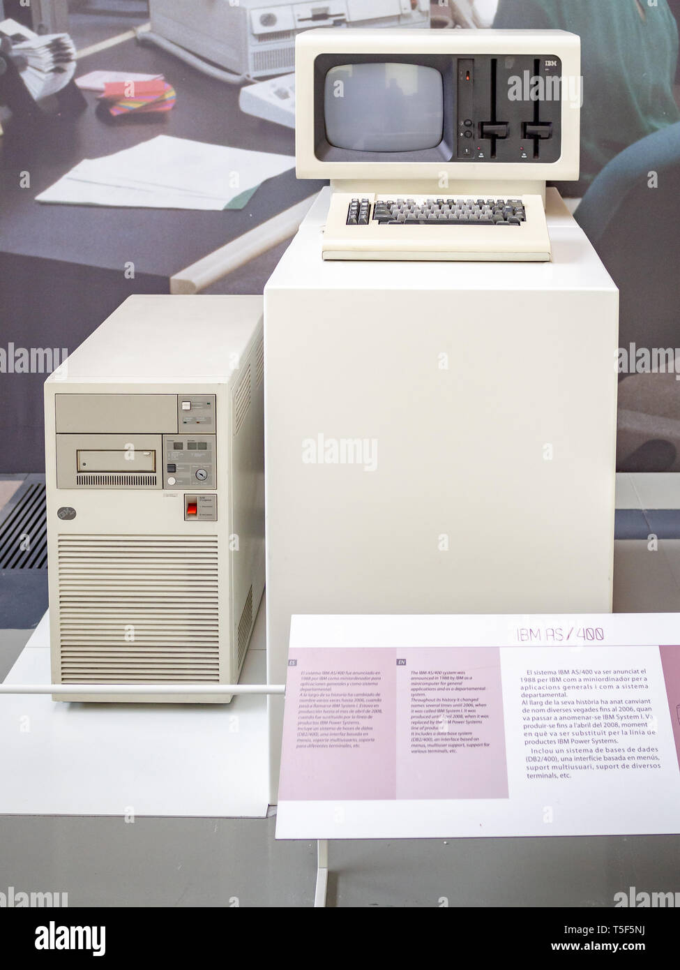 TERRASSA, SPAIN-MARCH 19, 2019: 1988 IBM AS/400 Minicomputer System in the National Museum of Science and Technology of Catalonia Stock Photo
