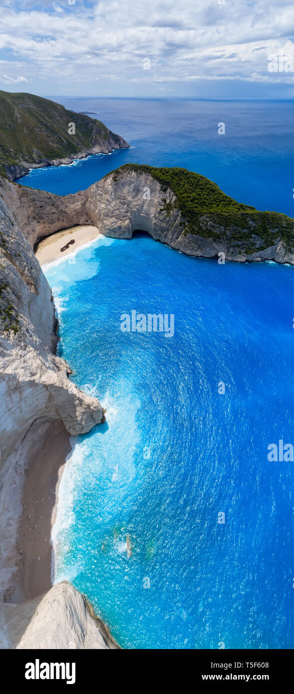 Aerial view of Navagio (Shipwreck) Beach in Zakynthos island, Greece. Navagio Beach is a popular attraction among tourists visiting the island of Zaky Stock Photo