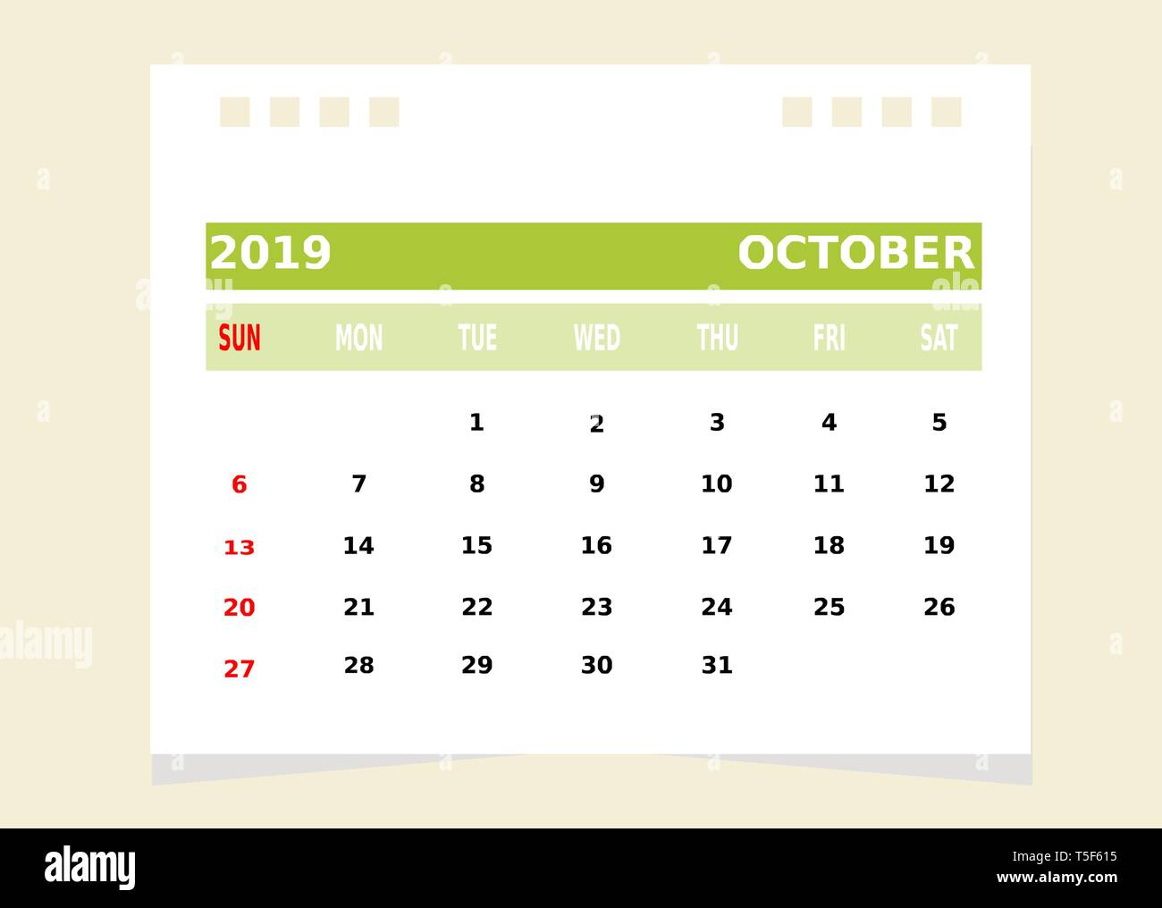 Calendar Month October 2019 Vector Stock Vector Image & Art - Alamy