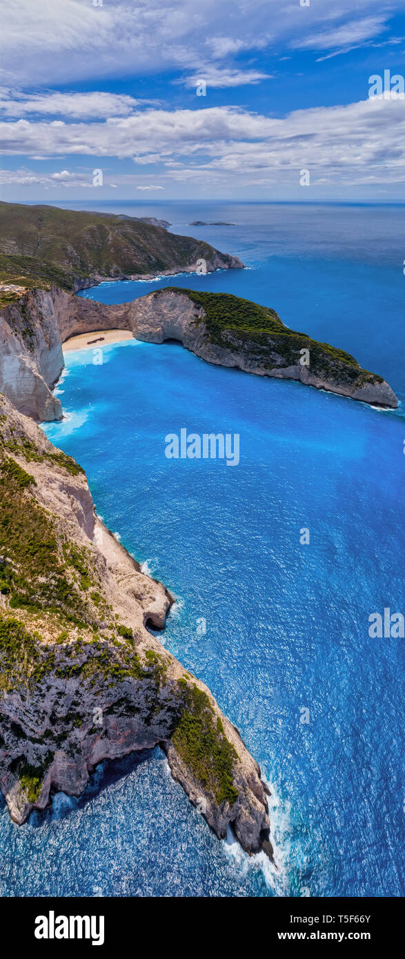 Aerial view of Navagio (Shipwreck) Beach in Zakynthos island, Greece. Navagio Beach is a popular attraction among tourists visiting the island of Zaky Stock Photo