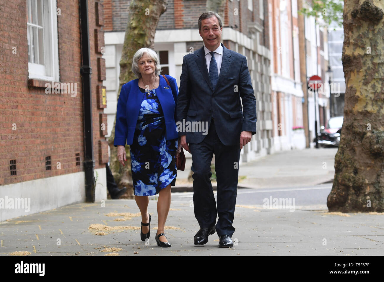 Leader of the Brexit Party Nigel Farage with former Tory minister Ann Widdecombe, who has defected from the Conservatives to join the Brexit Party, in Westminster, London. Stock Photo