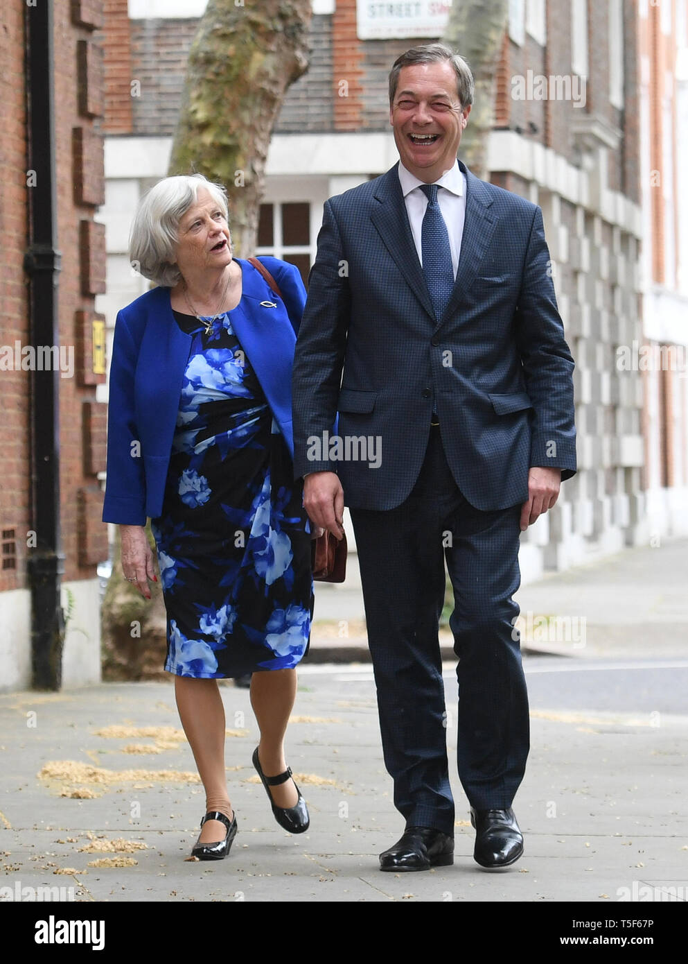 Leader of the Brexit Party Nigel Farage with former Tory minister Ann Widdecombe, who has defected from the Conservatives to join the Brexit Party, in Westminster, London. Stock Photo