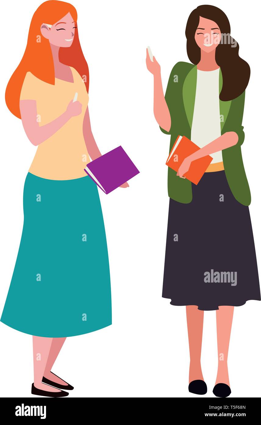 female teachers couple with textbooks characters vector illustration ...