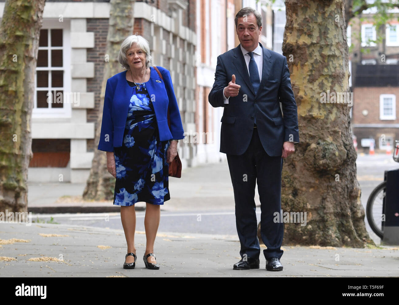 Leader of the Brexit Party Nigel Farage with former Tory minister Ann Widdecombe, who has defected from the Conservatives to join the Brexit Party, in Westminster, London. Stock Photo