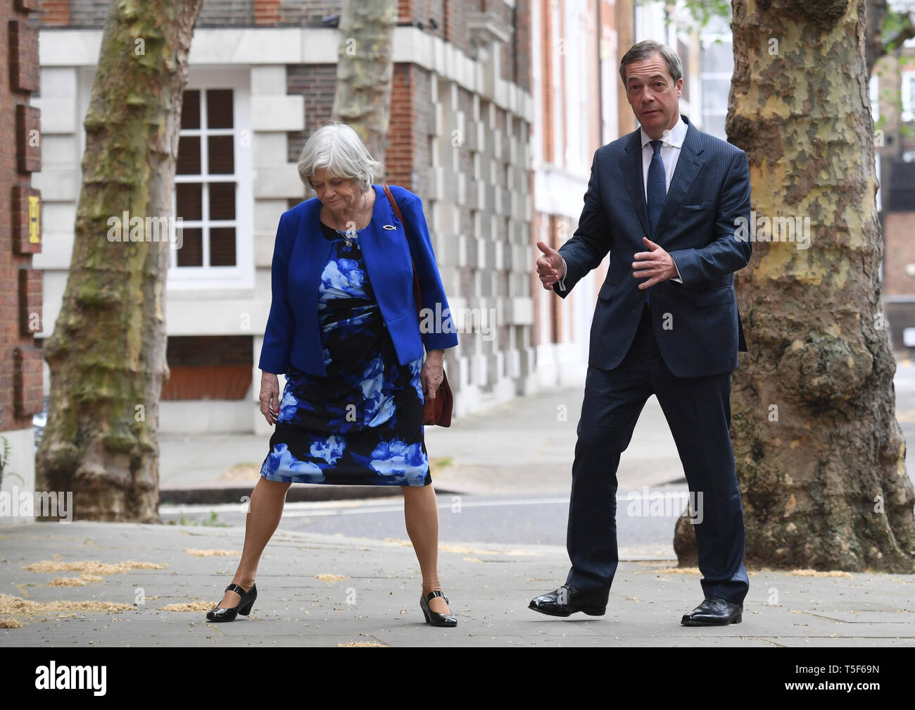 Leader of the Brexit Party Nigel Farage with former Tory minister Ann Widdecombe, who has defected from the Conservatives to join the Brexit Party, in Westminster, London. Stock Photo