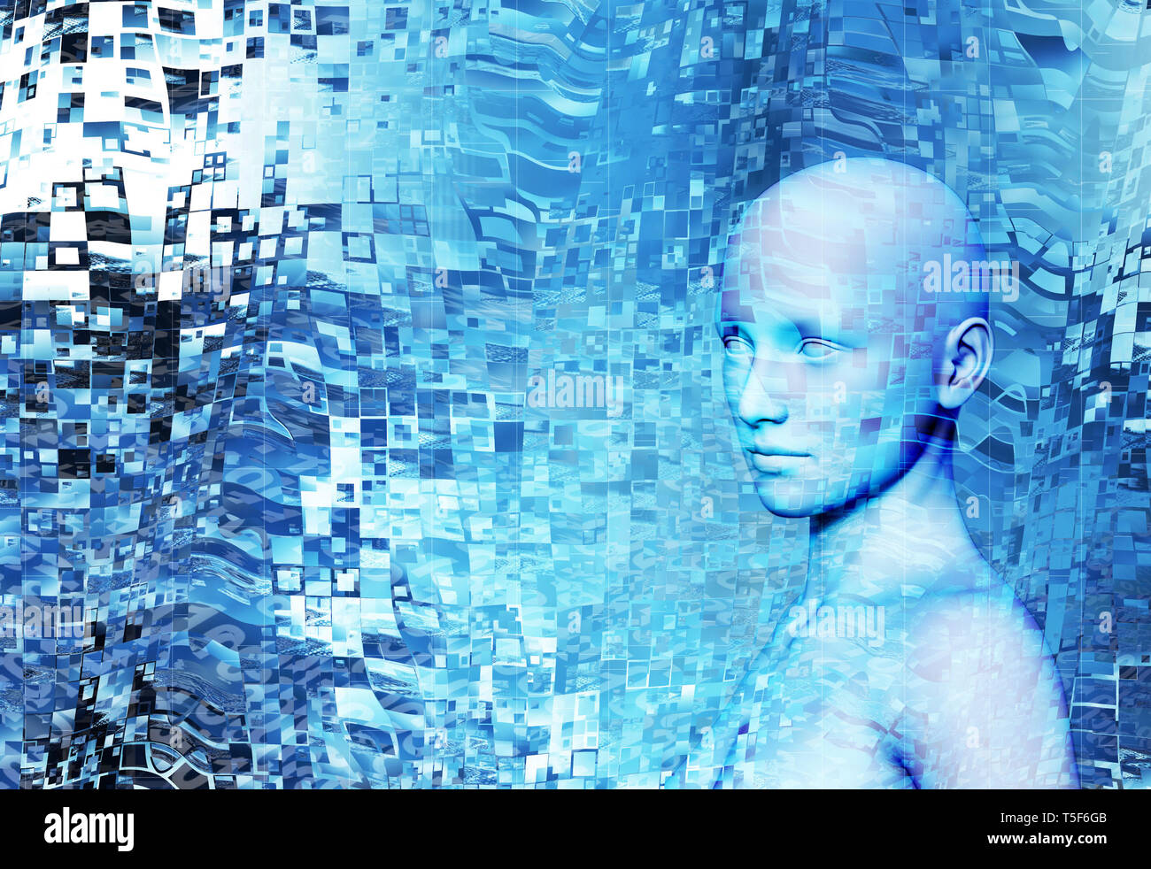 humanoid head as concept for Artificial Intelligence, future generations of humans, technology singularity, cyberlife and digitally created personas Stock Photo