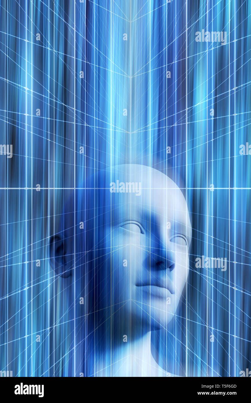 humanoid head as concept for Artificial Intelligence, future generations of humans, technology singularity, cyberlife and digitally created personas Stock Photo