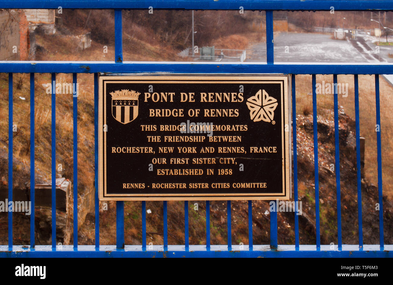 Rochester, New York, USA. April 14, 2019.Memorial plaque on the Pont De Rennes Bridge over the Genesee River in downtown Rochester, New York Stock Photo