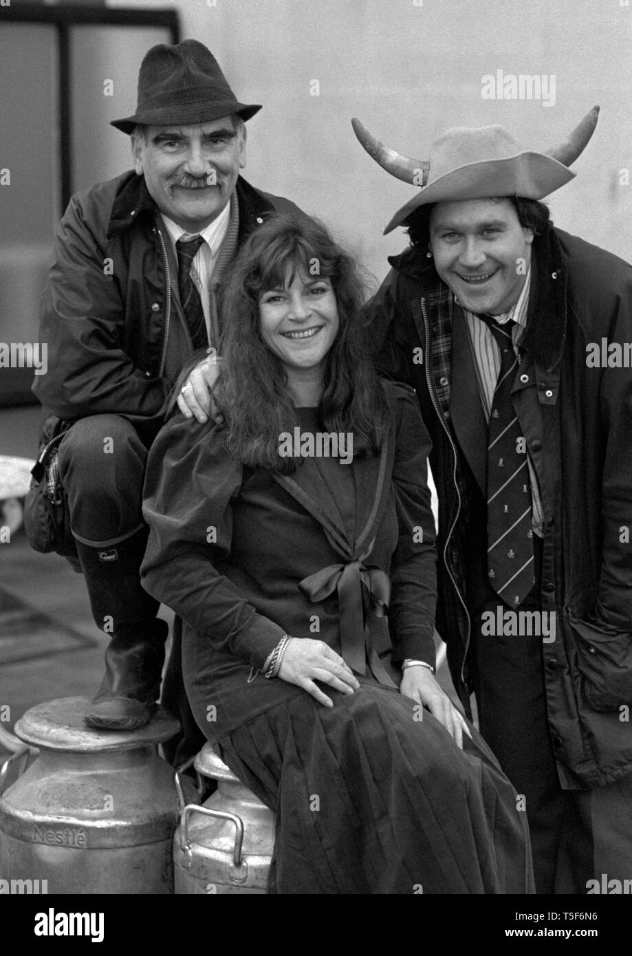 Radio actress Rosalind Adams, who takes over the role of Clarrie Grundy in 'The Archers', at the BBC in London with two of her co-stars Edward Kelsey (l), who plays Joe Grundy, and Trevor Harrison, who portrays husband Eddie. Stock Photo