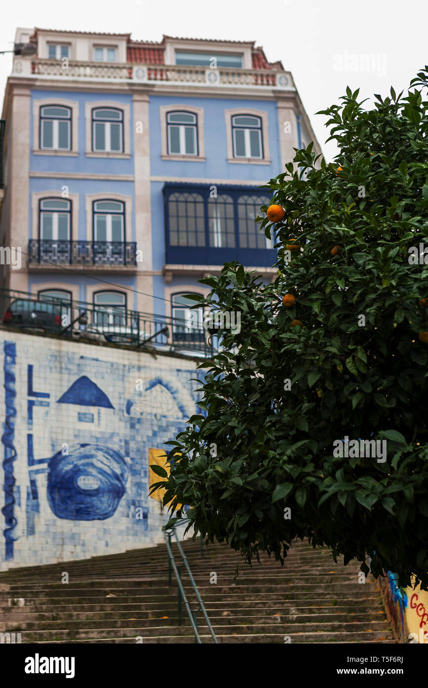 Rua da Mãe de Água, a steep path in São José, Lisbon, Portugal Stock Photo