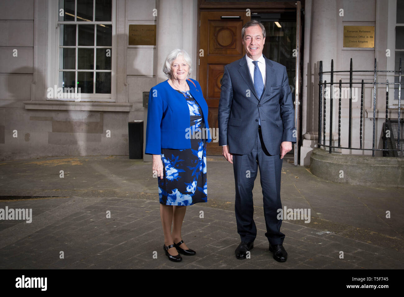 Leader of the Brexit Party Nigel Farage with former Tory minister Ann Widdecombe, who has defected from the Conservatives to join the Brexit Party, in Westminster, London. Stock Photo